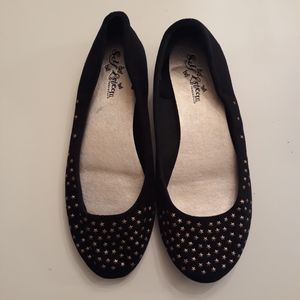 Black Canvas Brass Star Studded Ballet Flats